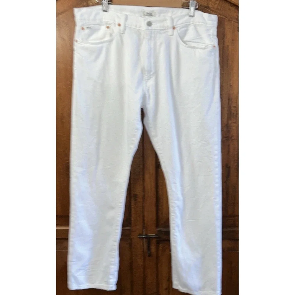 Mens Polo Ralph Lauren Varick Slim Straight Jeans Sz 36x30 White Cotton/Hemp